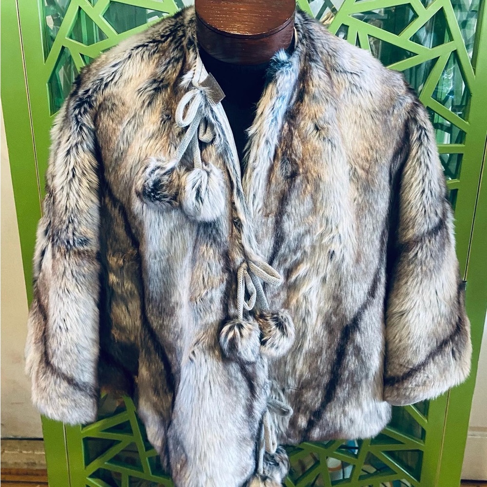Faux Fur Cape w/ Poof Pom Balls